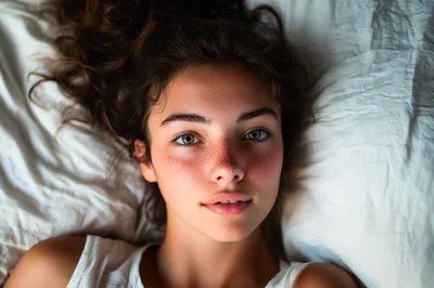 Young Woman With Freckles Lying On White Bedding