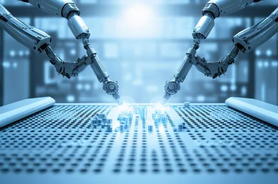 Robotic Arms Performing Precision Assembly On Industrial Circuit Board