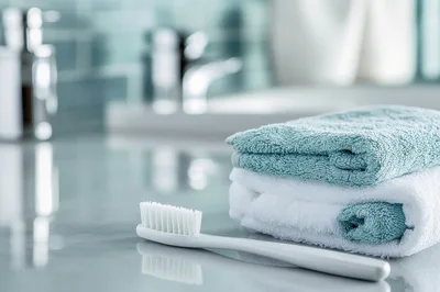 White Toothbrush And Stacked Towels On Bathroom Counter