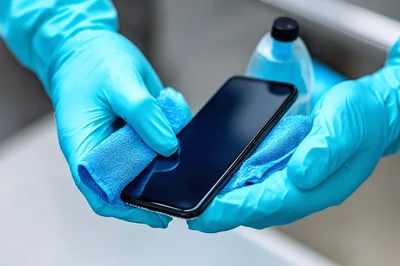 Person Cleaning Smartphone With Microfiber Cloth And Sanitizer