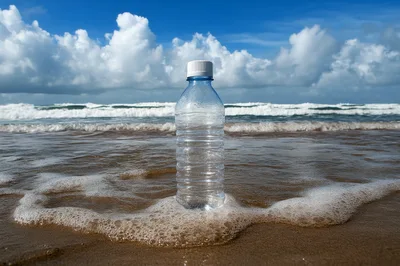 Plastic Water Bottle Standing On Sandy Beach Shoreline