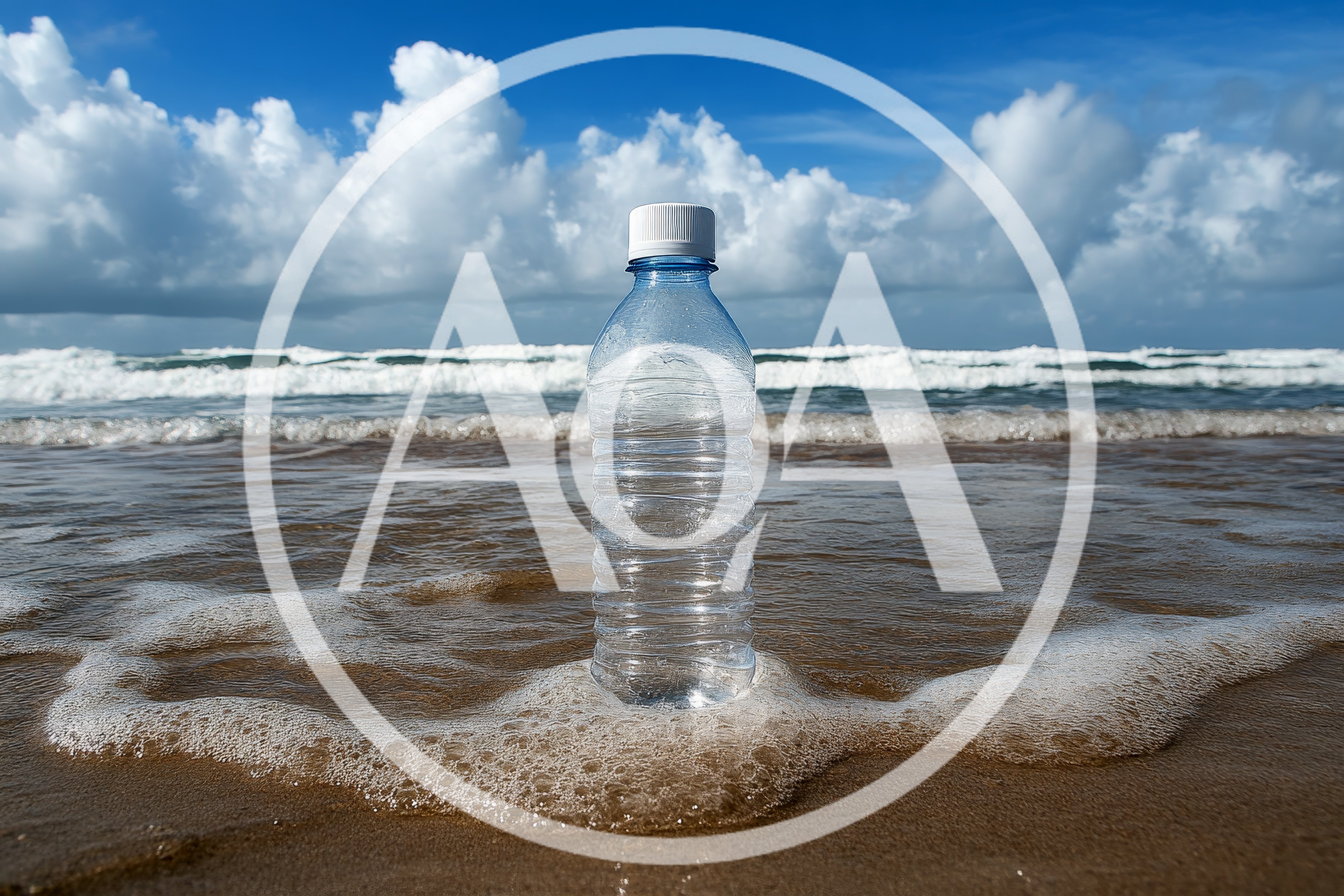 Plastic Water Bottle Standing On Sandy Beach Shoreline