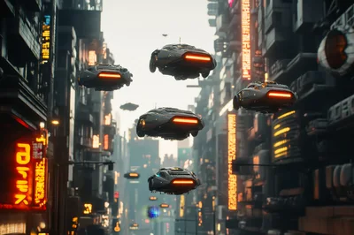 Futuristic Flying Vehicles Navigating A Cyberpunk Cityscape