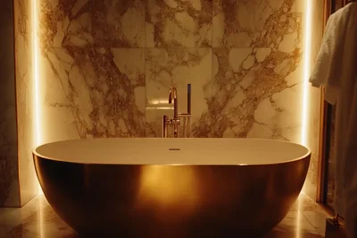 Luxury Gold Bathtub In Modern Marble Bathroom