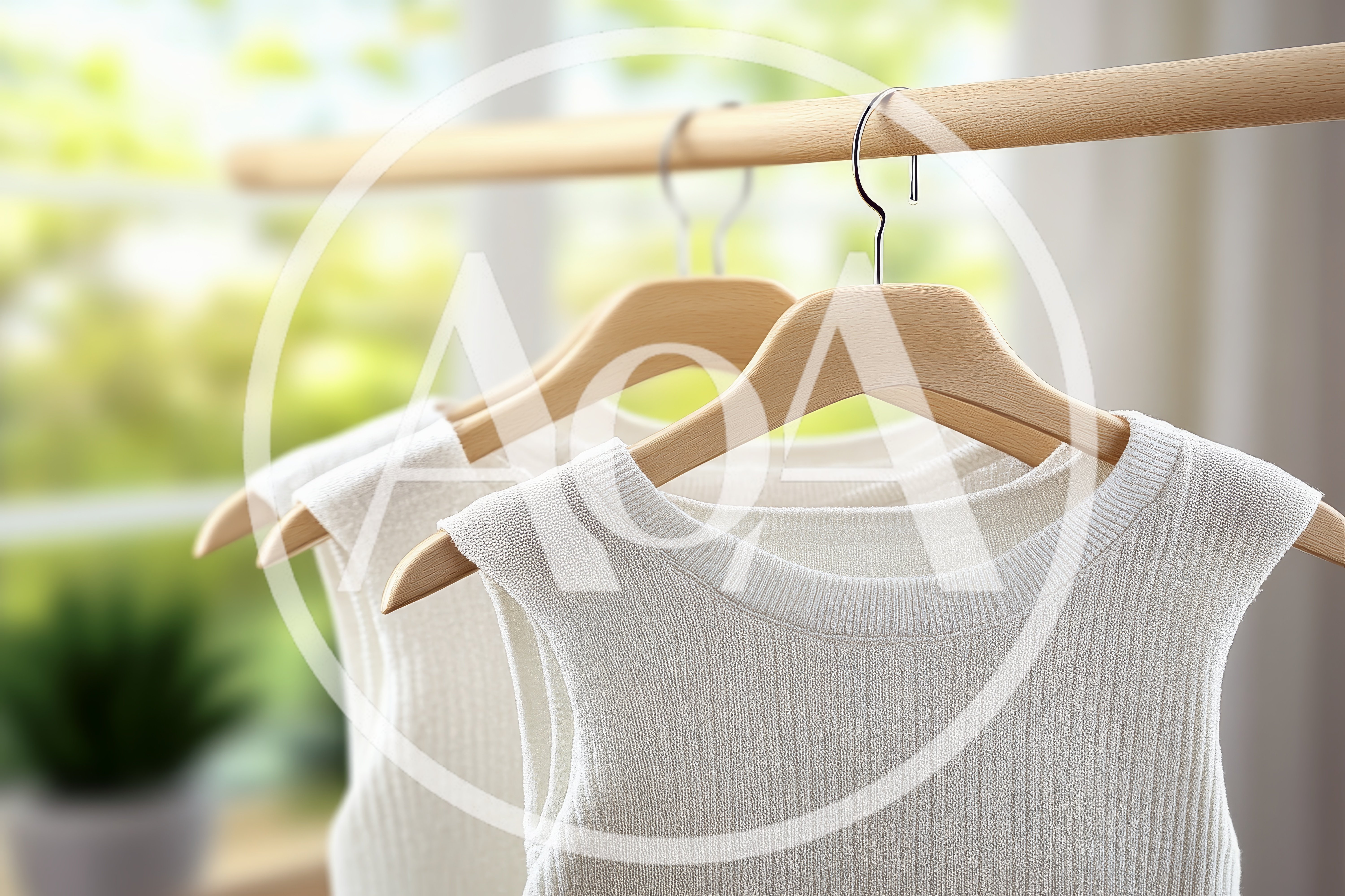 White Sleeveless Knit Tops Hanging On Wooden Hangers