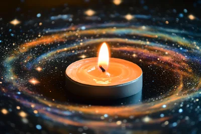 Lit Tea Light Candle Surrounded By Cosmic Nebula