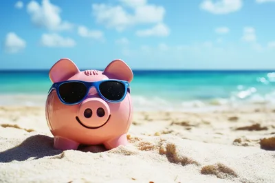 Pink Piggy Bank Wearing Sunglasses On Tropical Beach