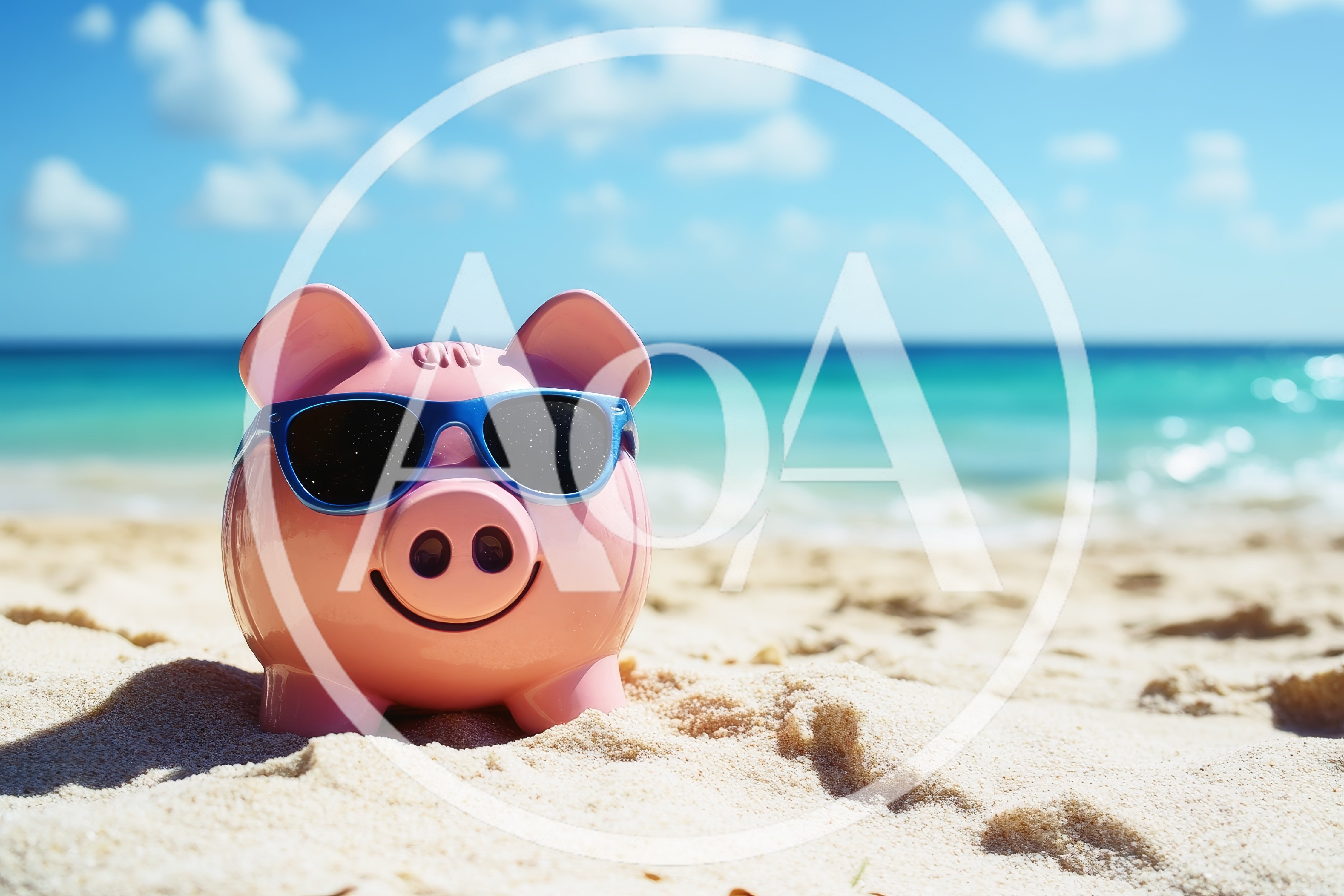 Pink Piggy Bank Wearing Sunglasses On Tropical Beach