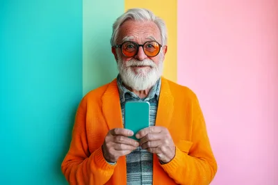 Senior Man Holding Smartphone Against Colorful Background