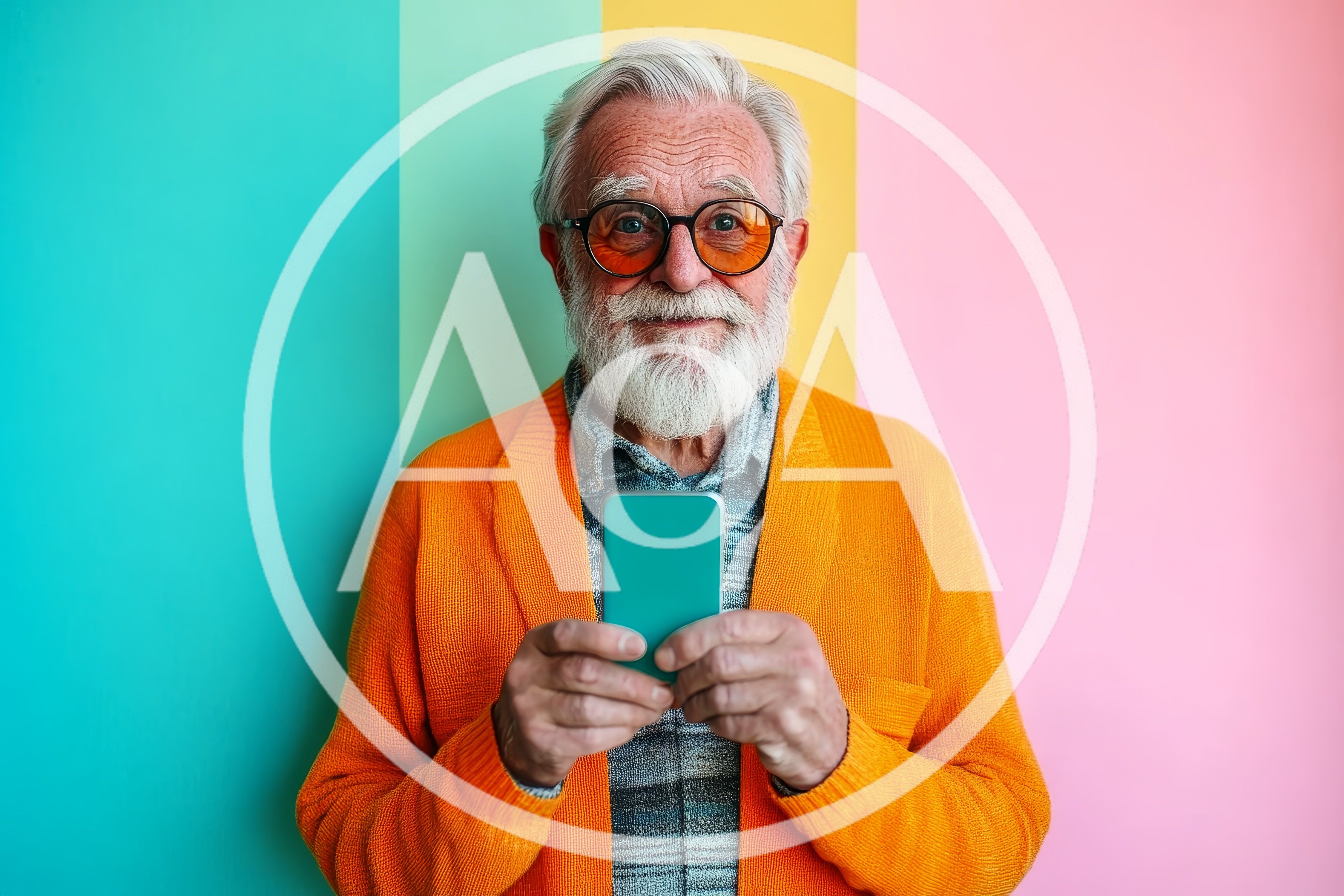 Senior Man Holding Smartphone Against Colorful Background