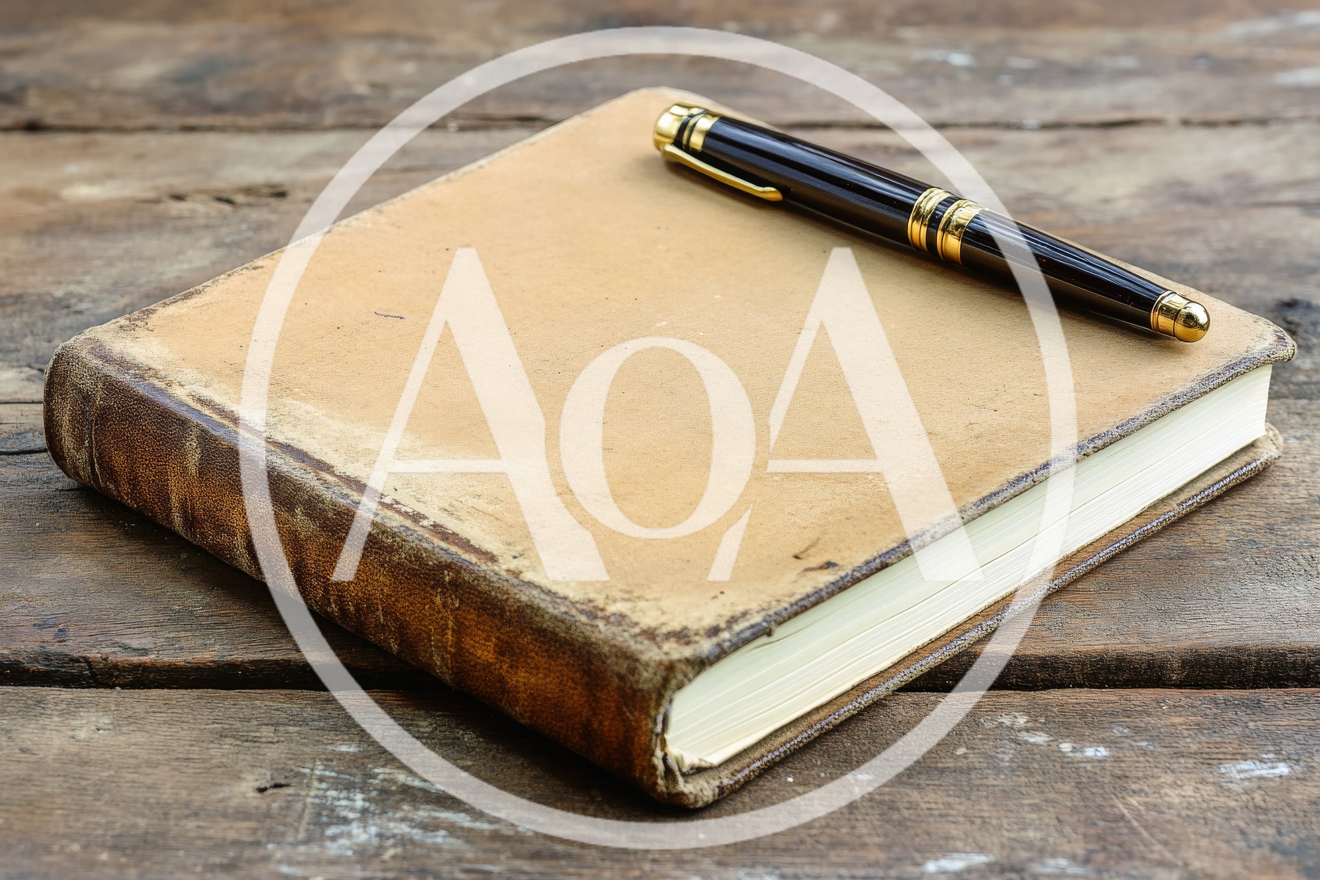 Vintage Leather Journal With Fountain Pen On Wooden Table
