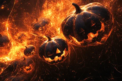 Glowing Jack O Lanterns In Fiery Nebula Background