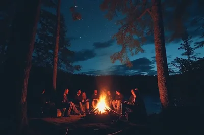 Group Of Friends Sitting Around A Campfire At Night