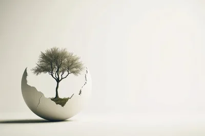 A Single Tree Growing Inside A Cracked Eggshell