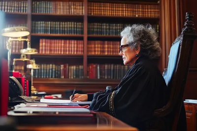 Elderly Female Judge Writing At Her Desk