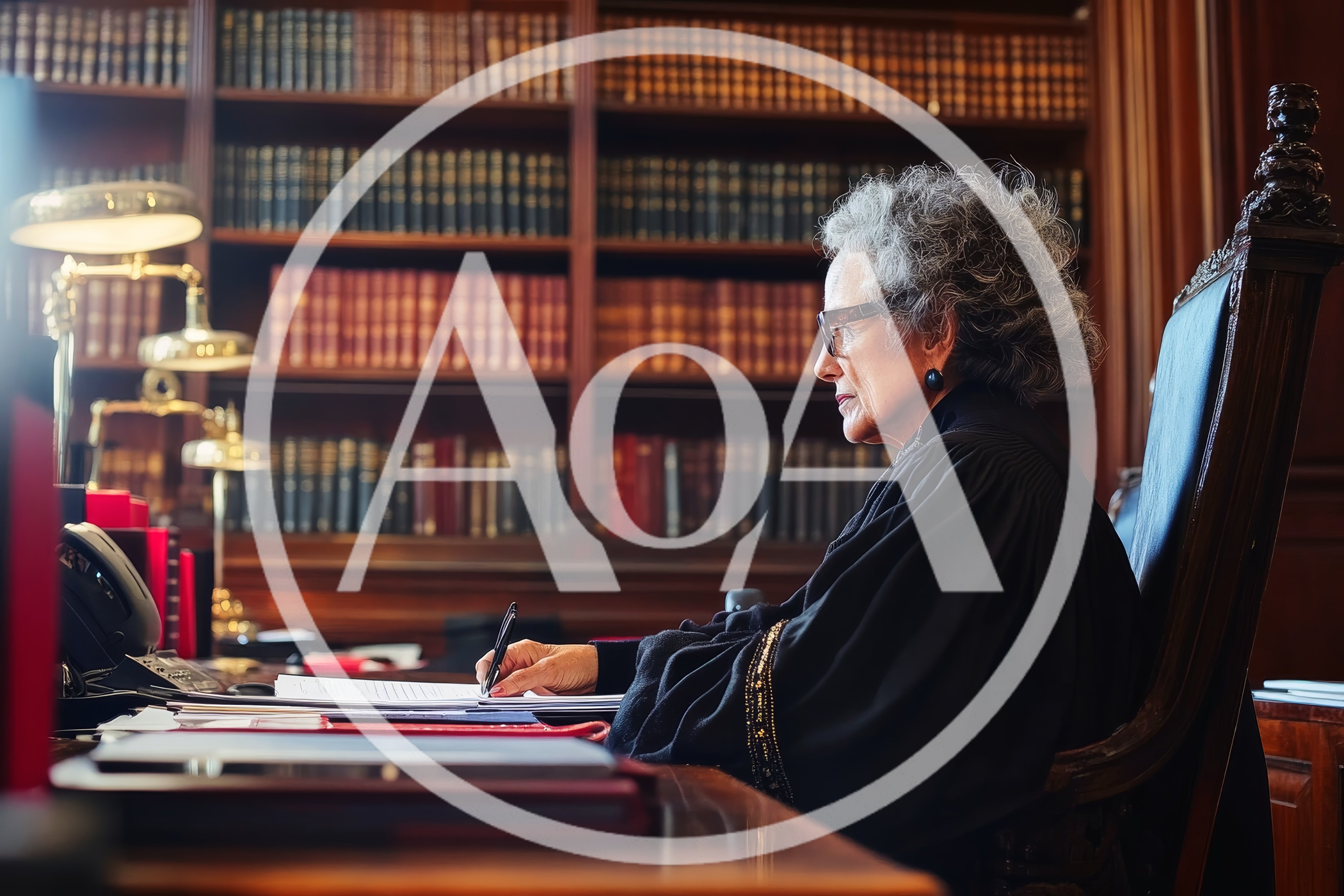 Elderly Female Judge Writing At Her Desk