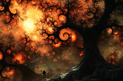Surreal Dark Forest With Glowing Fractal Tree Canopy