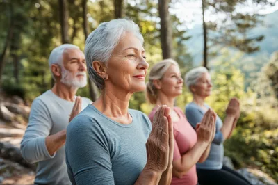Group of Seniors Practicing Yoga Outdoors
