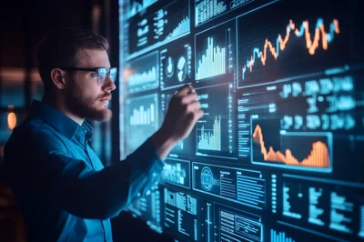 Data Analyst Interacting With Futuristic Financial Dashboard
