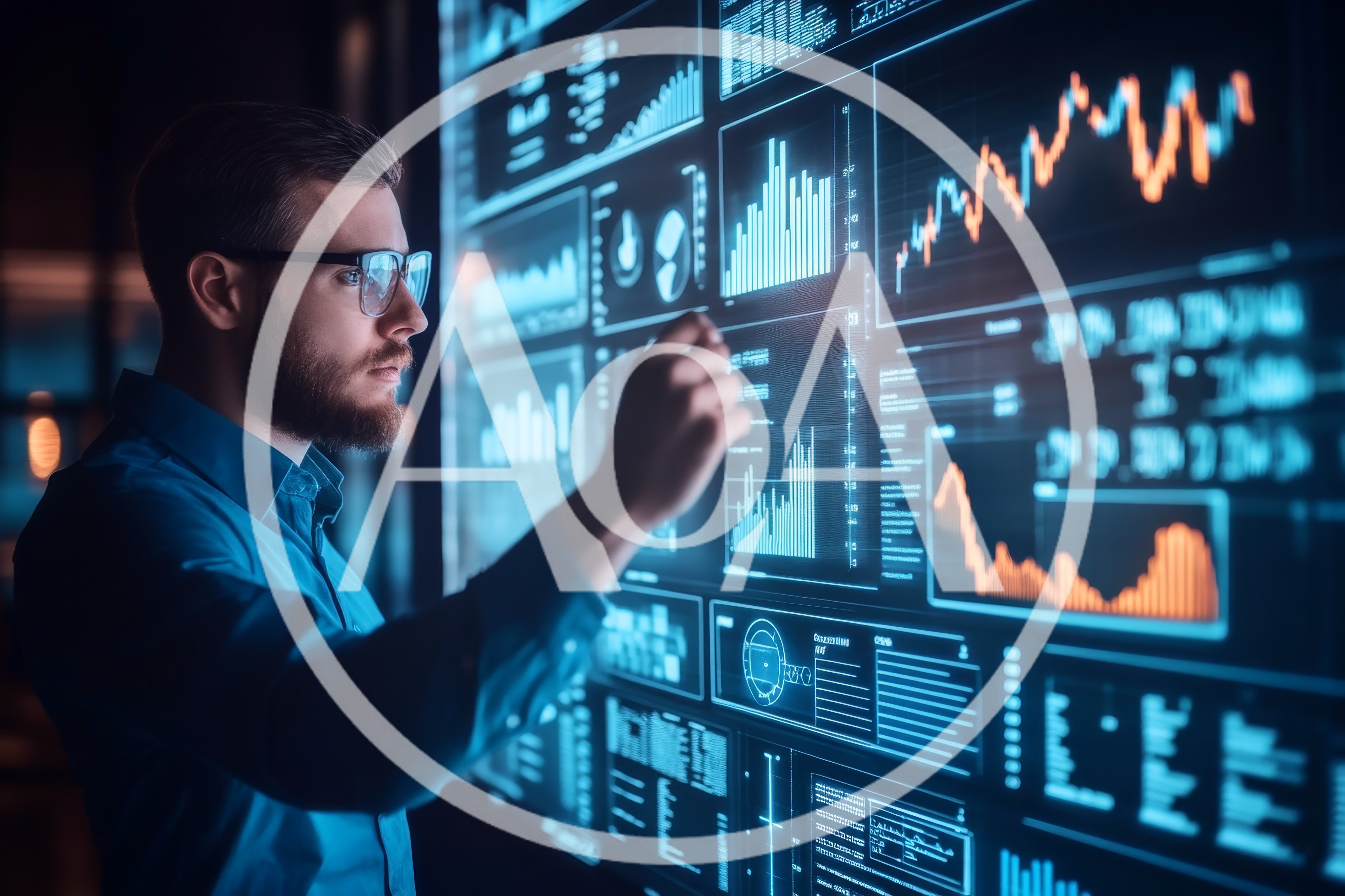 Data Analyst Interacting With Futuristic Financial Dashboard