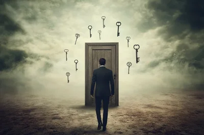 Businessman Walking Toward A Door With Floating Keys
