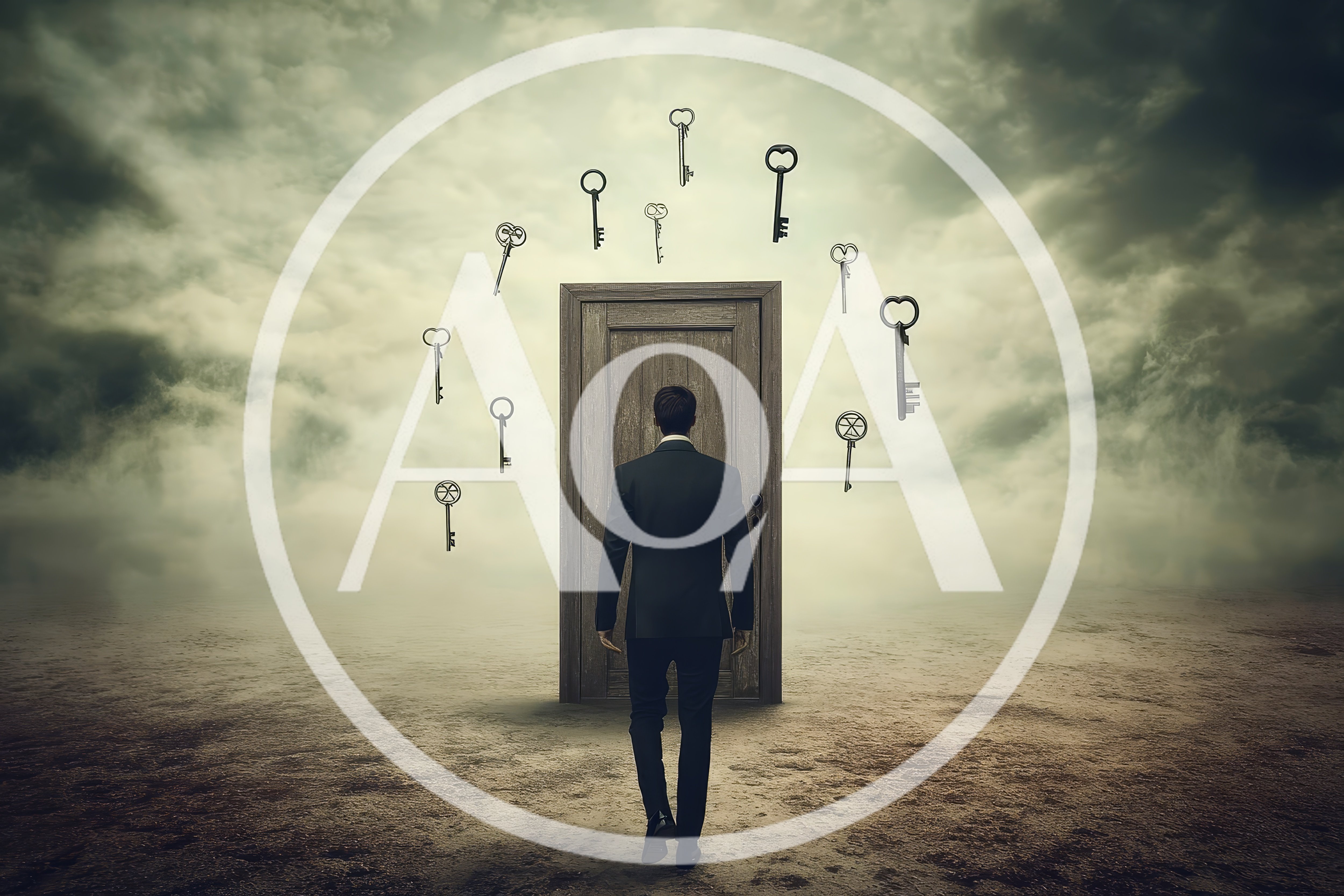 Businessman Walking Toward A Door With Floating Keys
