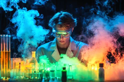 Young Scientist Conducting Chemical Experiment With Colorful Smoke