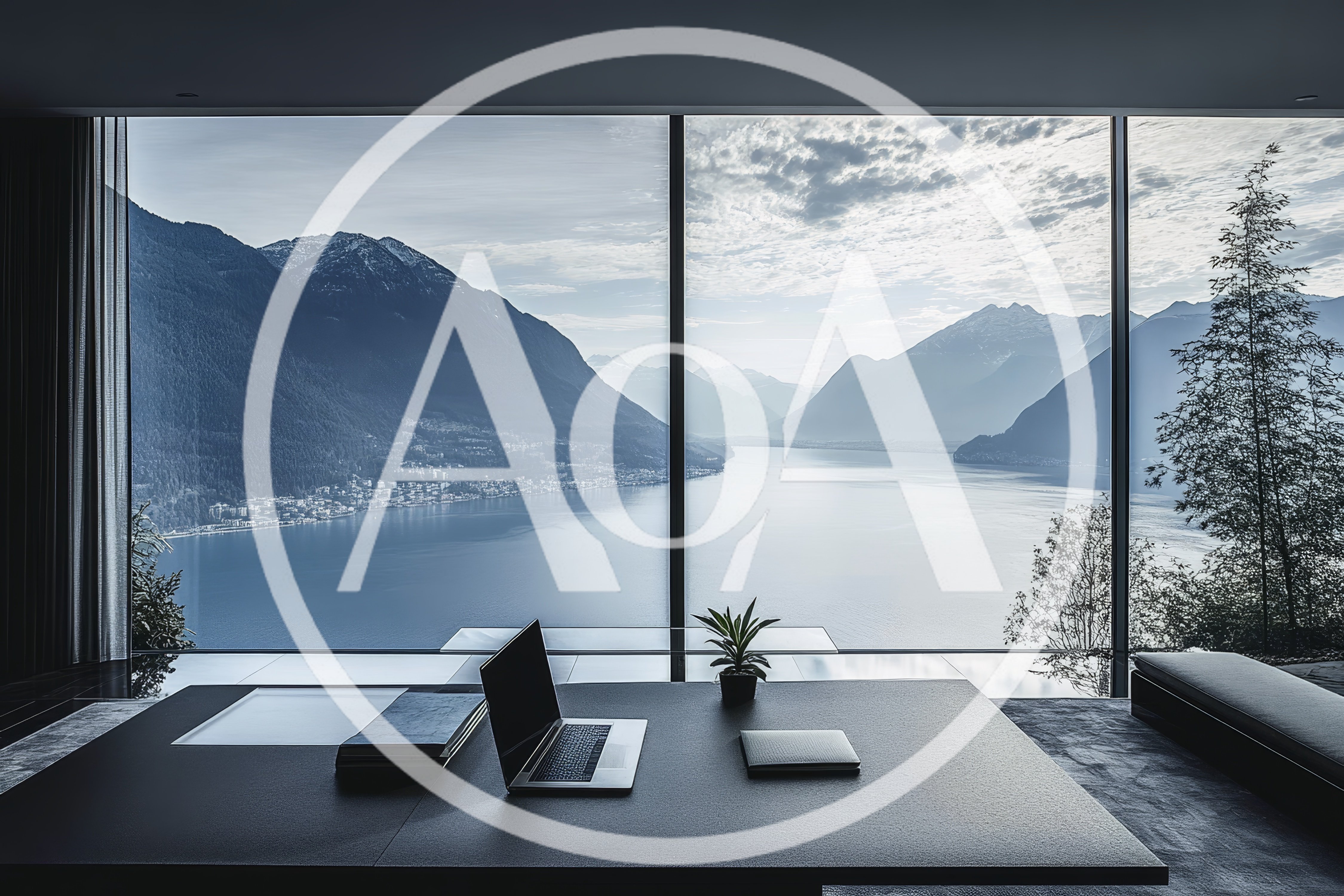 Modern Office Desk Overlooking Scenic Mountain Lake View