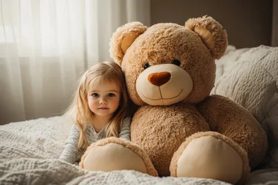 A little girl and a huge teddy bear cuddling.