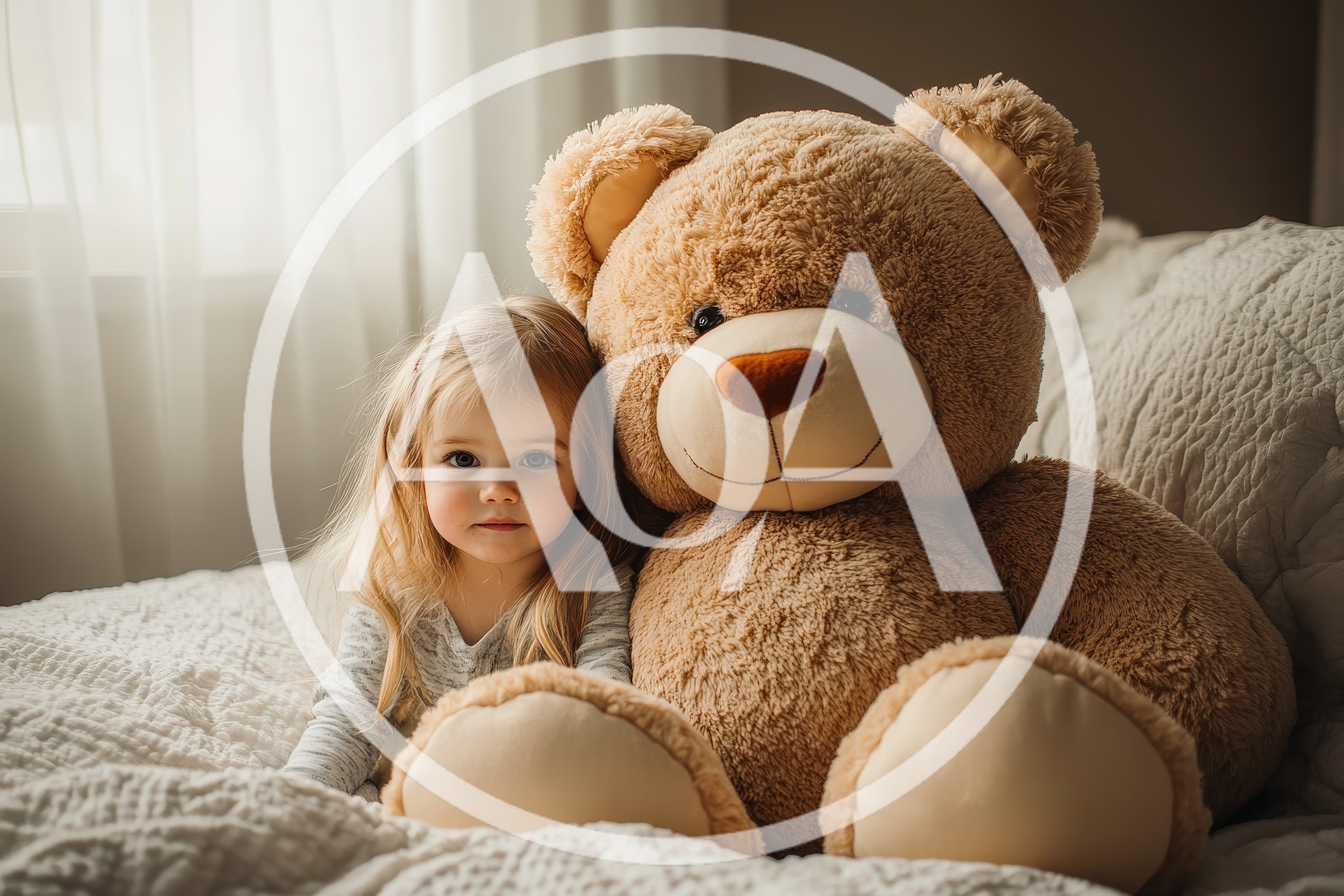 A little girl and a huge teddy bear cuddling.