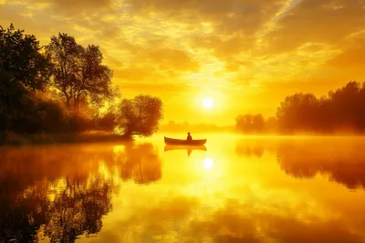Person Rowing A Canoe On A Misty Golden Lake