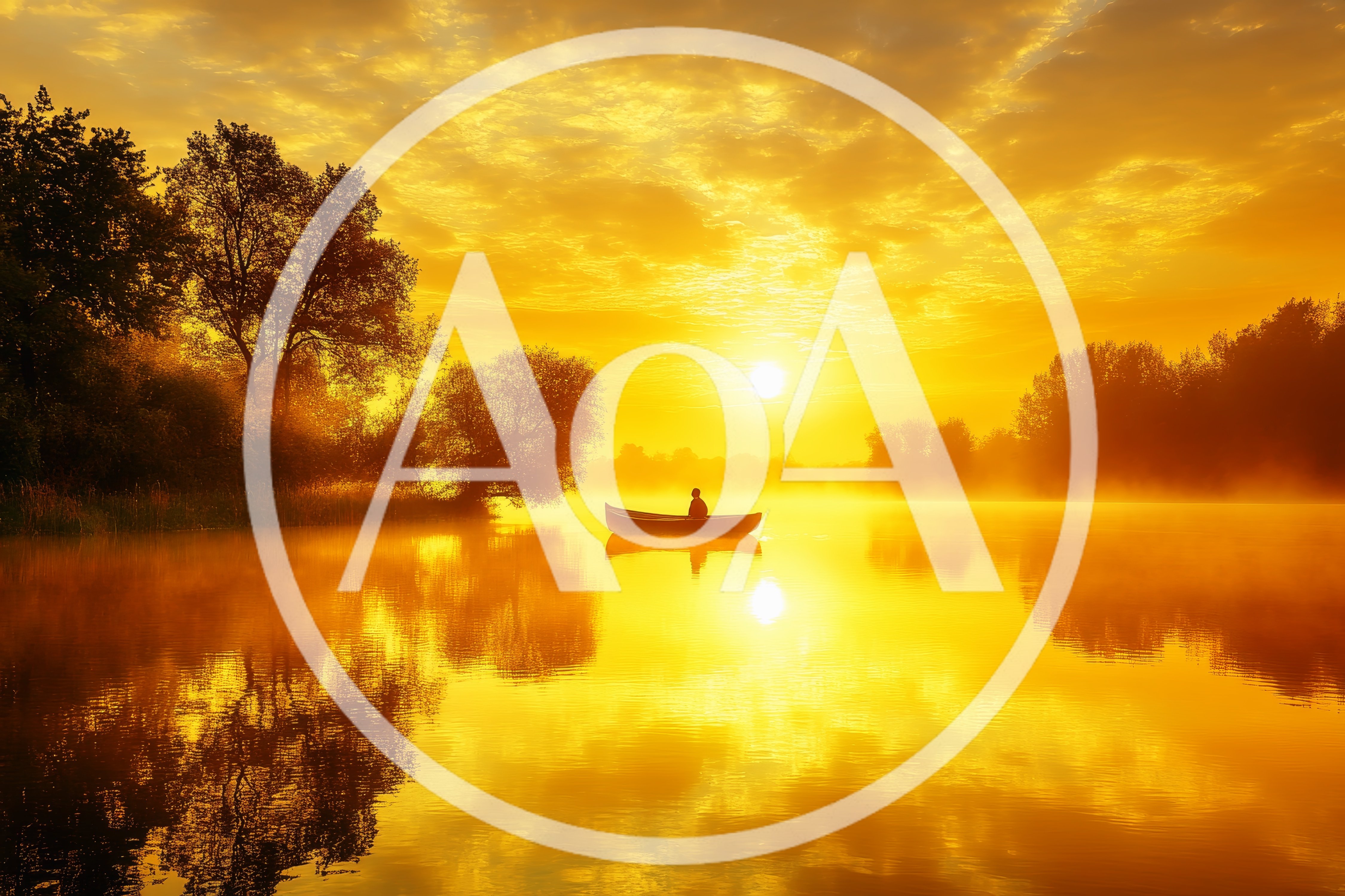 Person Rowing A Canoe On A Misty Golden Lake