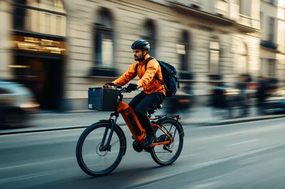 Delivery Courier Riding Electric Bicycle Through City Street