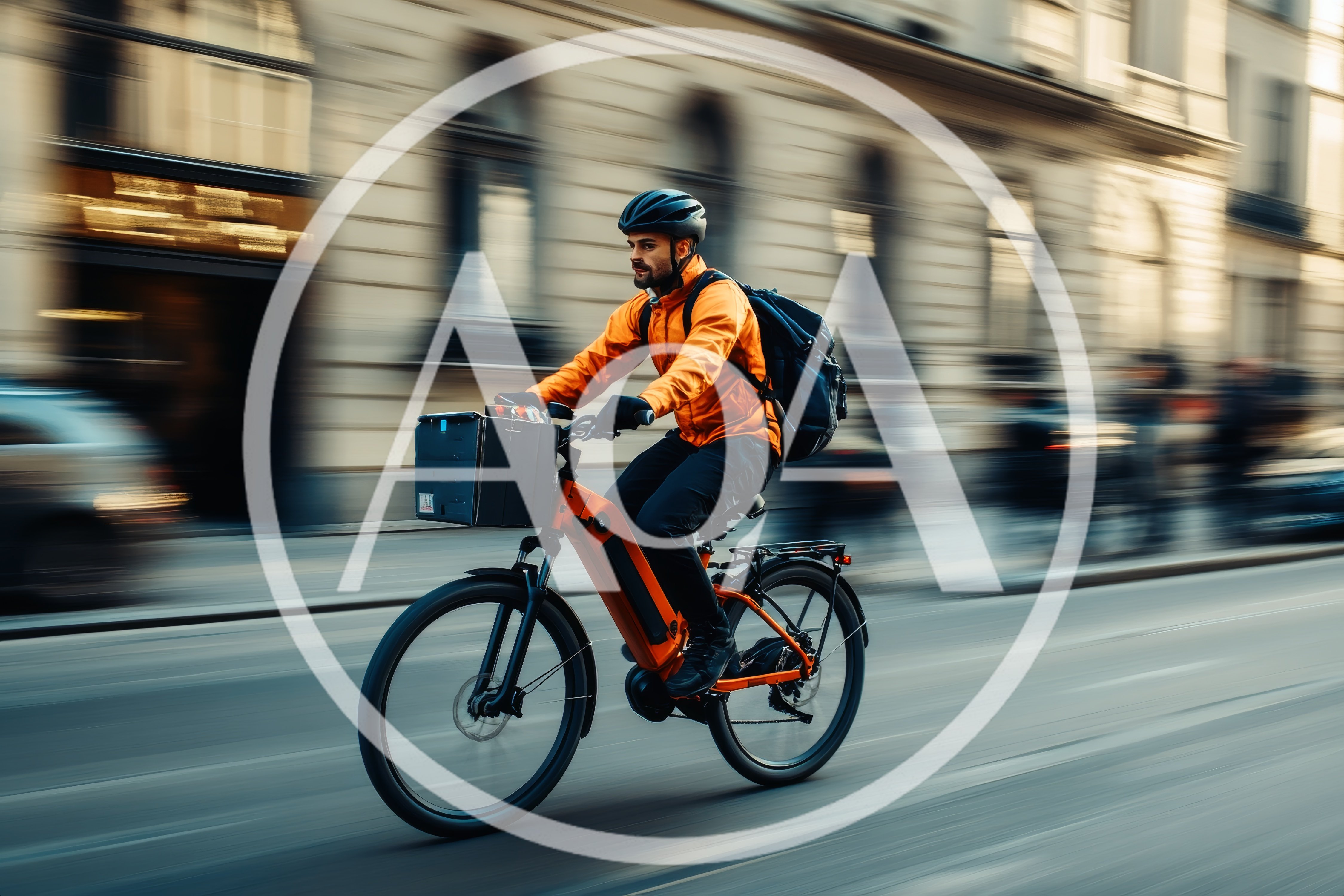 Delivery Courier Riding Electric Bicycle Through City Street