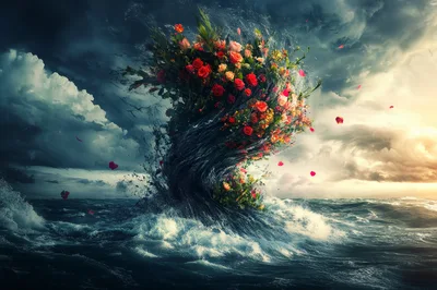 Surreal Floral Tornado Rising From Stormy Ocean