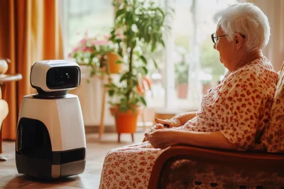 Elderly Woman Interacting With A Modern Home Robot