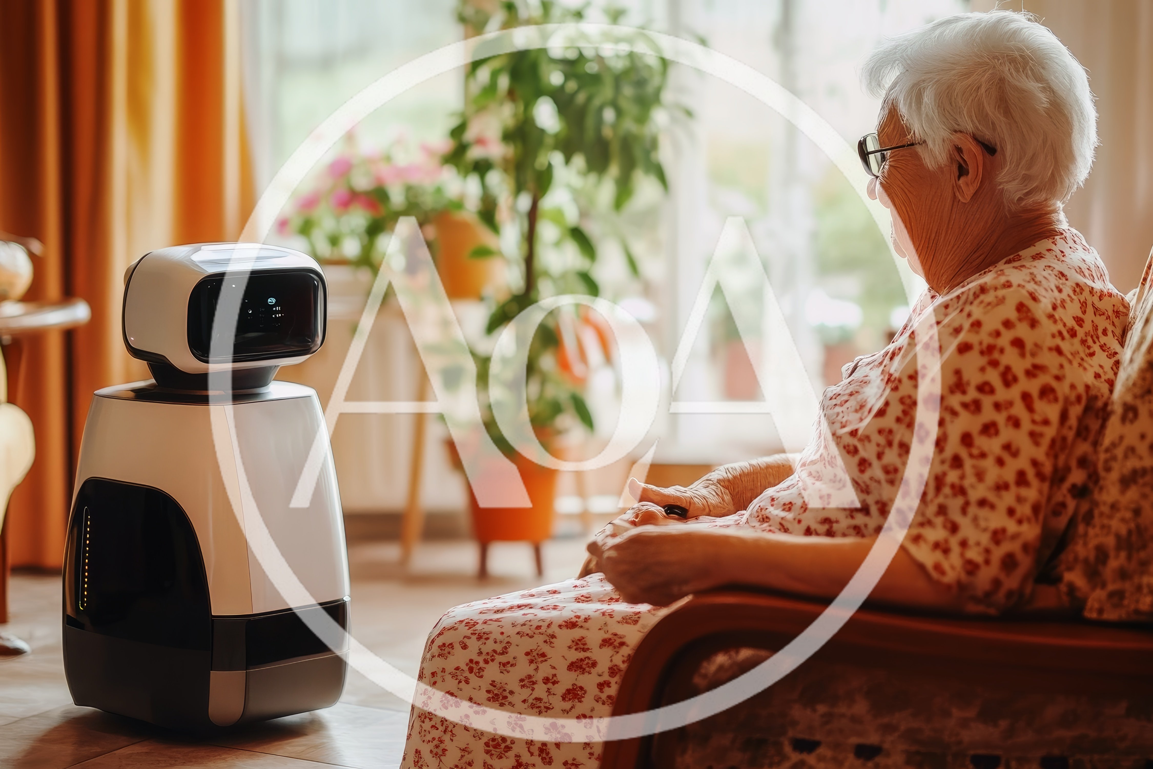 Elderly Woman Interacting With A Modern Home Robot