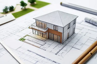 Architectural Model House Placed On Detailed Blueprints