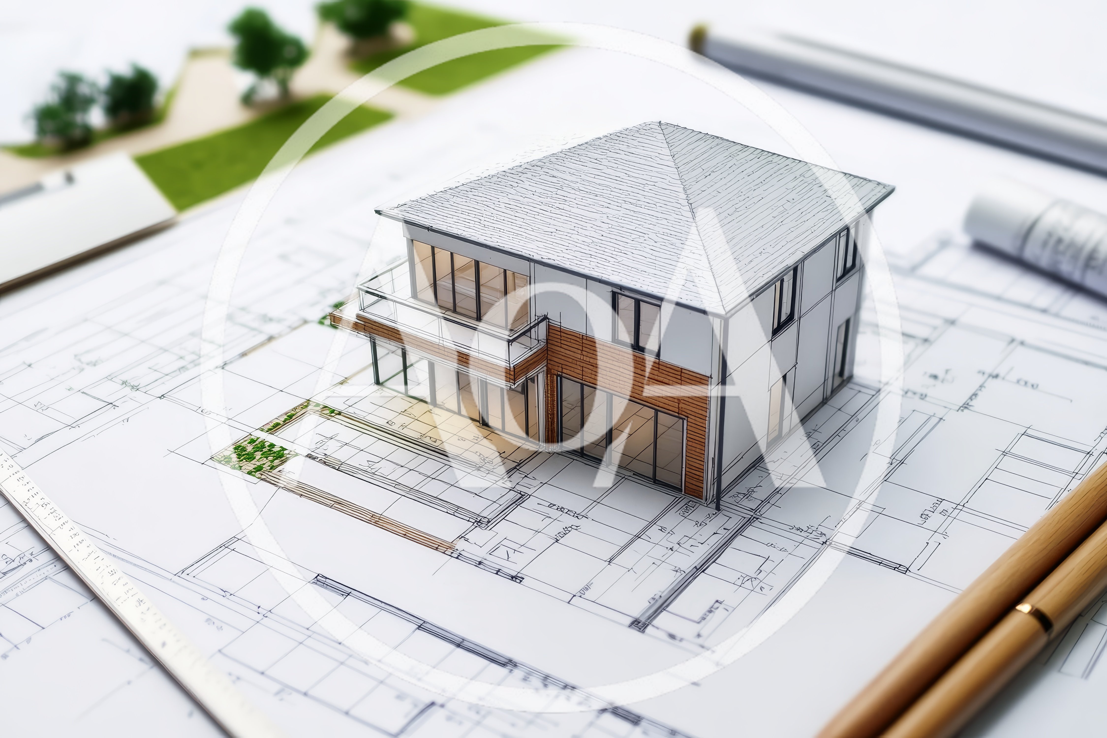 Architectural Model House Placed On Detailed Blueprints