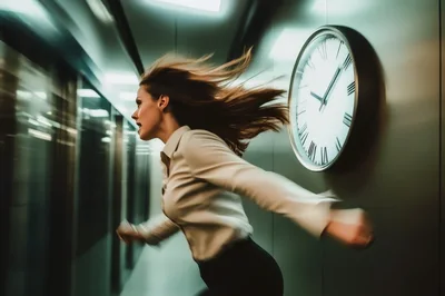 Stressed Businesswoman Running Past A Large Wall Clock