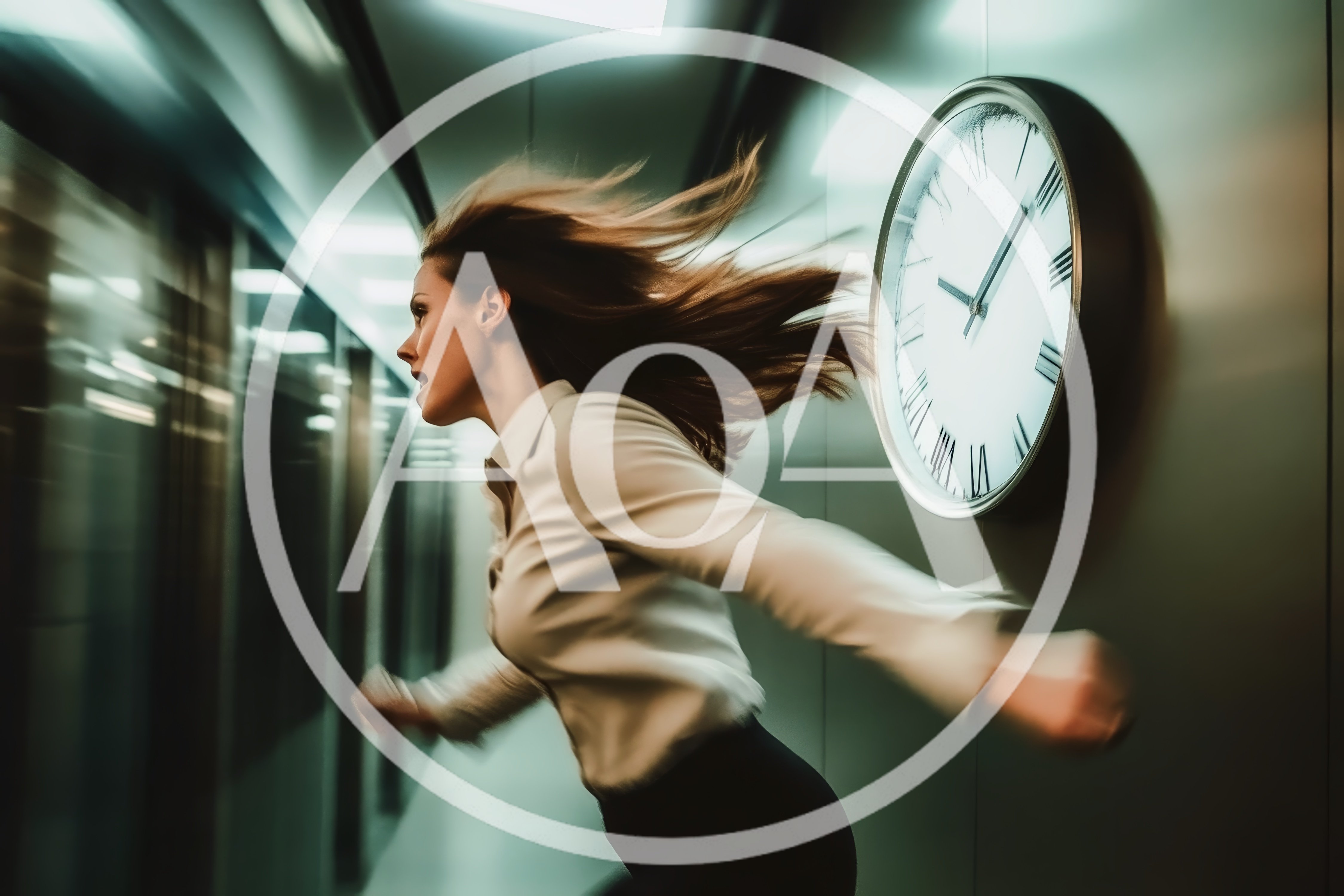 Stressed Businesswoman Running Past A Large Wall Clock