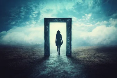 Silhouette Of A Woman Walking Through A Portal
