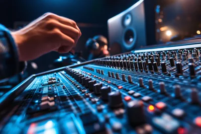Audio Engineer Adjusting Mixing Console In Recording Studio