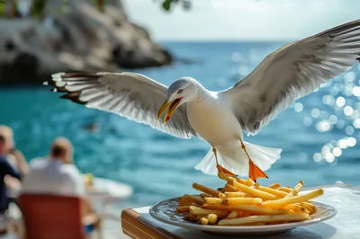Seagull Stealing French Fries From A Beachside Table