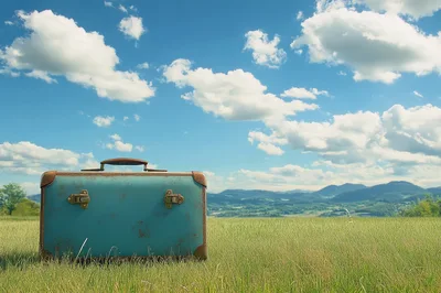 Vintage Blue Suitcase Sitting In A Grassy Field