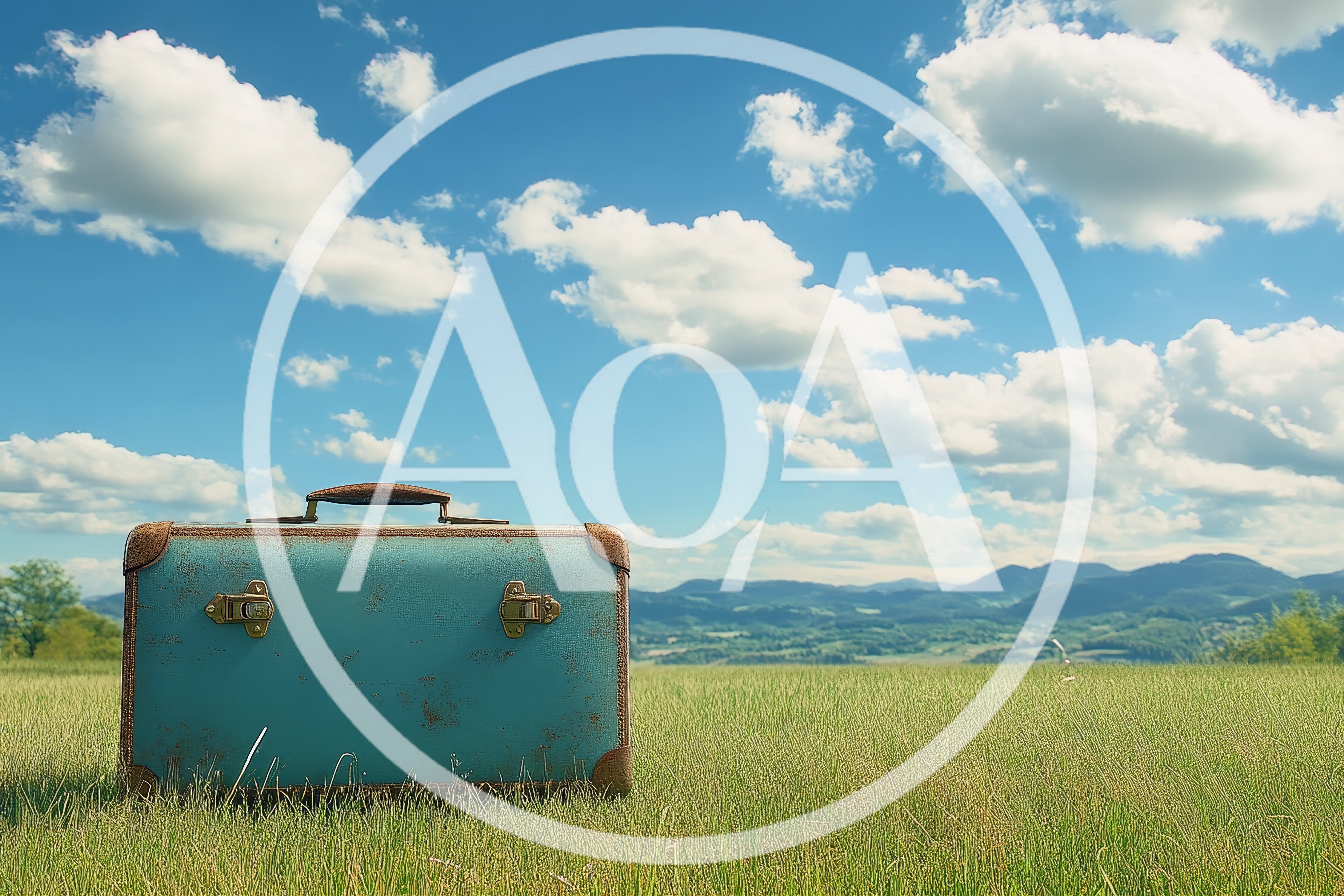 Vintage Blue Suitcase Sitting In A Grassy Field