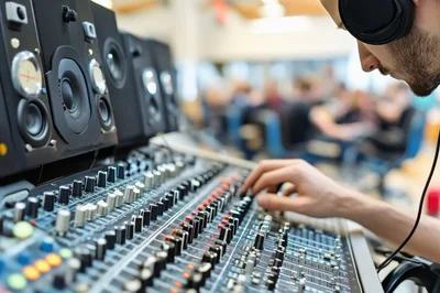 Sound Engineer Adjusting Audio Mixing Console