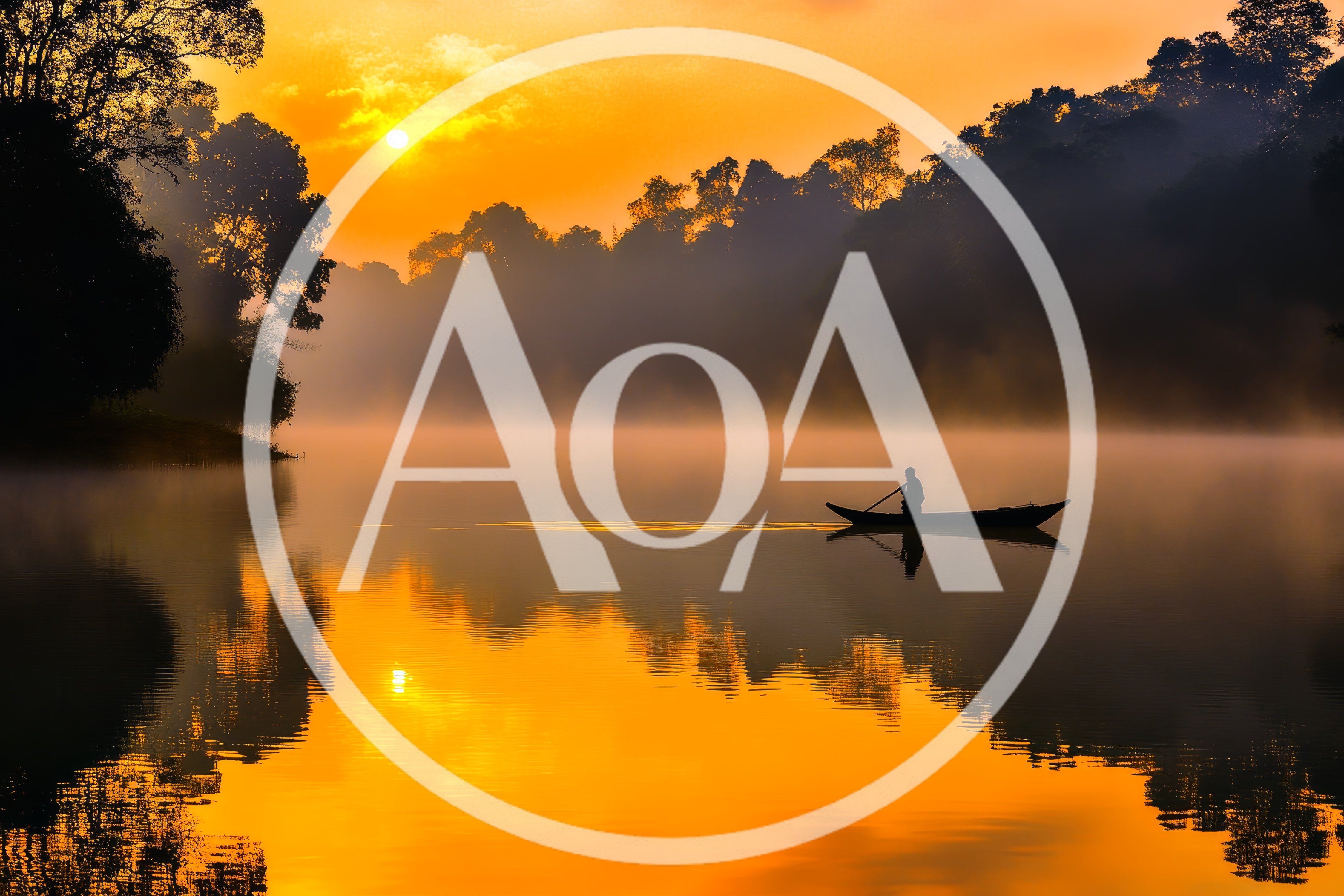 Lone Fisherman Rowing Boat on Misty River at Sunrise