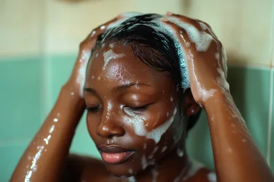 Young Black Woman Washing Hair In Shower