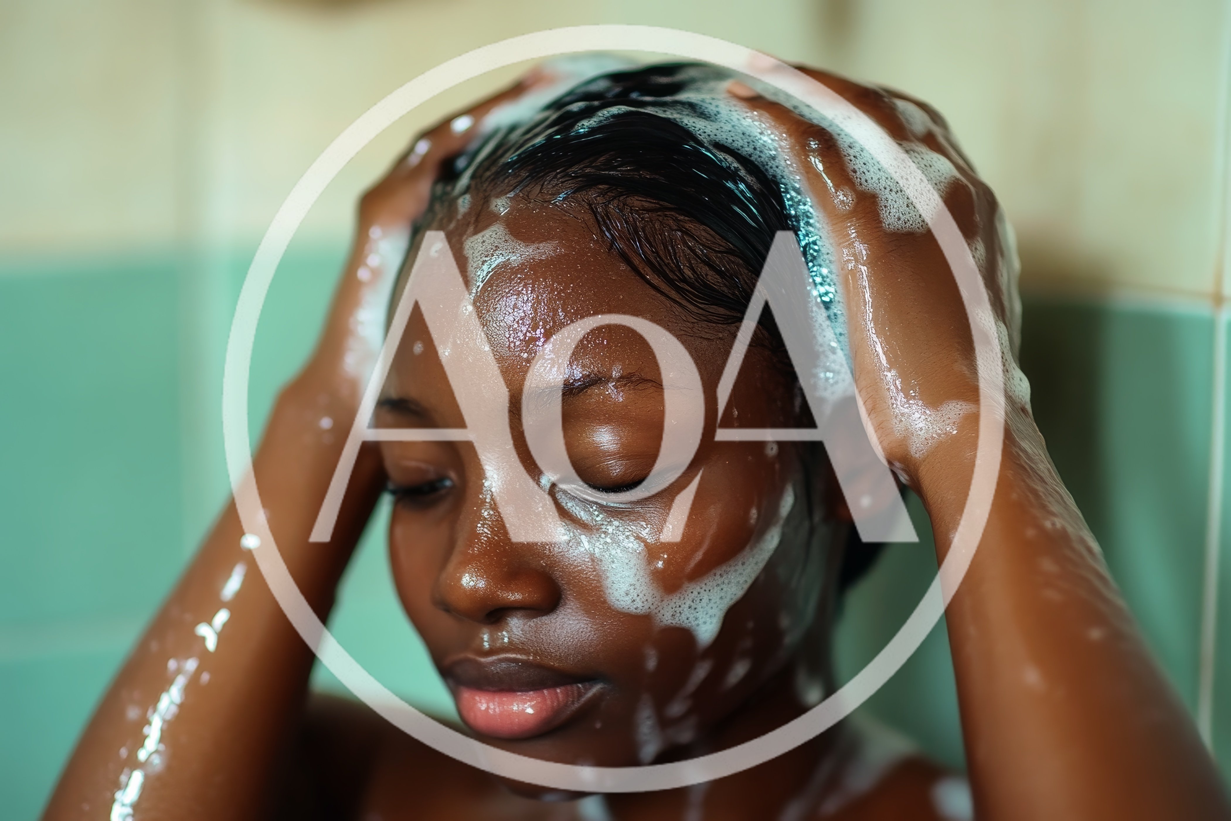 Young Black Woman Washing Hair In Shower